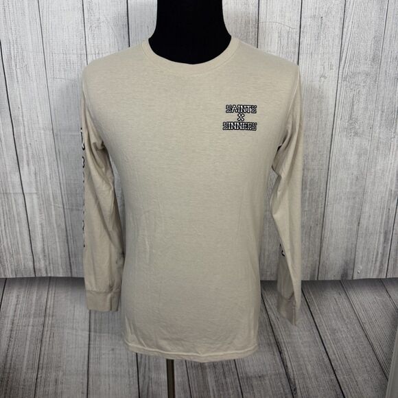 GSTR Men's Medium Tan "Saints/Sinners" Long Sleeve Graphic T-Shirt Skull Bones - Picture 1 of 8
